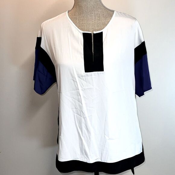 NWT Chico’s Color Block NYNA tunic top 3/4 Sleeve White, Blue, Black Sz 0 XS - Picture 1 of 7